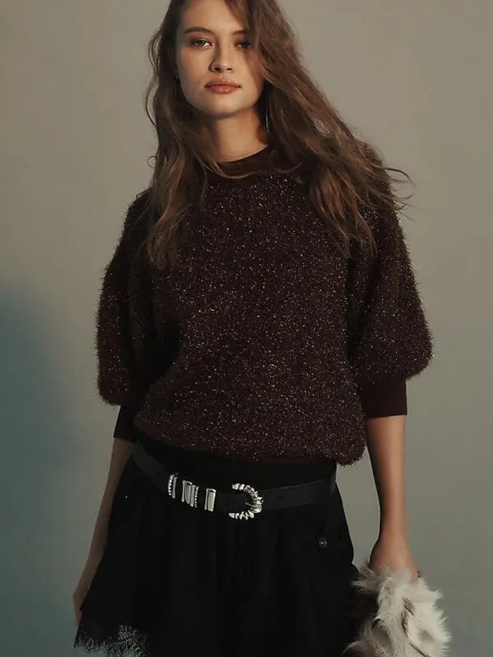 Maeve Violetta Tinsel Short-Sleeve Pullover Sweater in Brown Size XS